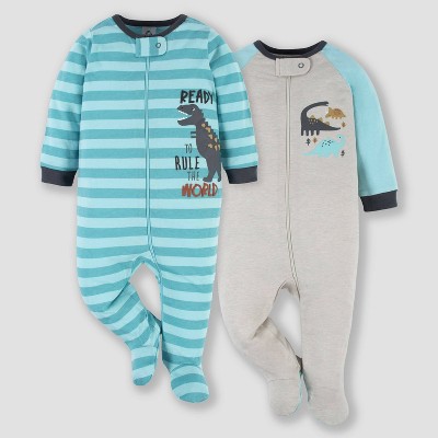 Image of Gerber Baby 2pk Dino Zip-Front Sleep N' Play - Blue/Gray Newborn