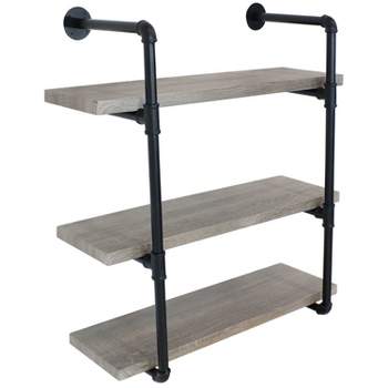 Sunnydaze 3 Shelf Industrial Style Pipe Frame Wall-Mounted Floating Shelf with Wood Veneer Shelves