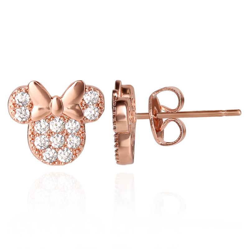 Disney Minnie Mouse Brass Flash Rose Gold Plated CZ Stud Earrings, 1 of 4