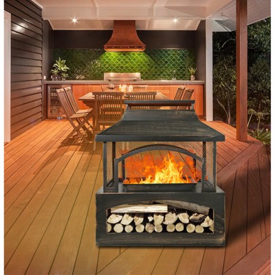 37" Outdoor Wood Burning Fireplace, Metal Chiminea Fire Pit with Log Grate and Poker, Outdoor Chimney Fireplace for Garden Yard Patio