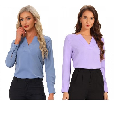 INSPIRE CHIC Women's Elegant Long Sleeve V Neck Work Office Blouse 2 Packs