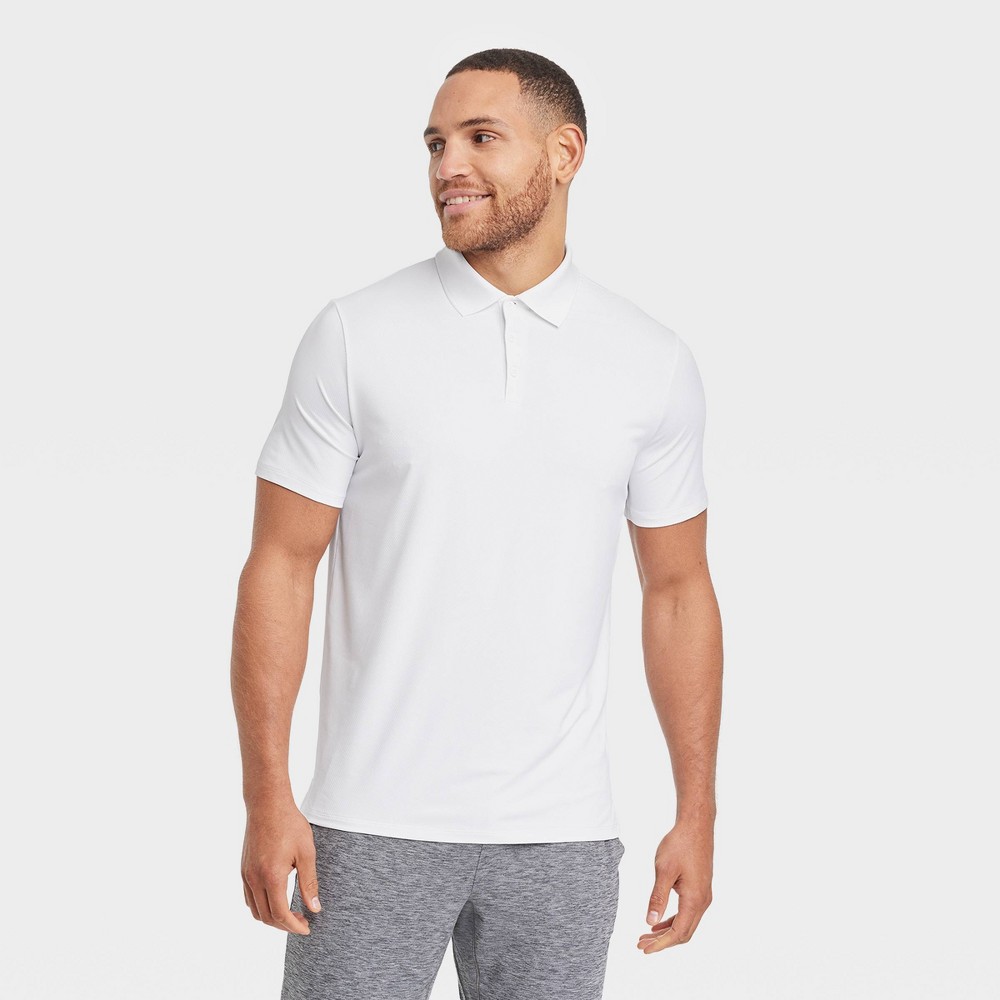 Men's Textured Polo Shirt - All In Motion™ White L: Moisture Wicking, Quick Dry, Jacquard Knit