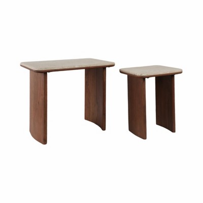 Brown Travertine and Acacia Wood Nested Side Tables Set