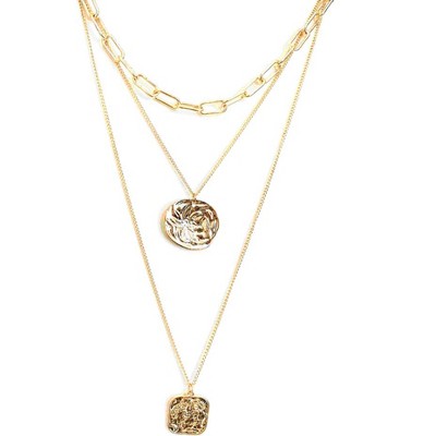 Hollywood Sensation Three Layered Necklace with Coin Pendant 16 Inches Gold
