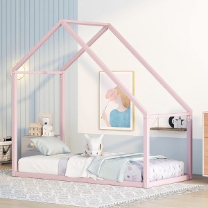 Kids Metal House Bed Anti-Slip Noise Free Twin Size Roof Design Toddler Floor Bed Metal Bed Frame for Kids Boys Girls Teens - 1 of 4