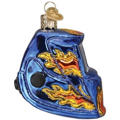 Handcrafted Blue Glass Welding Helmet Ornament with Flames