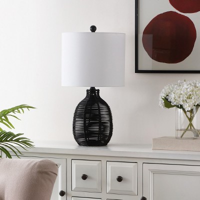 23 Inch Black Rattan Table Lamp with White Cotton Shade