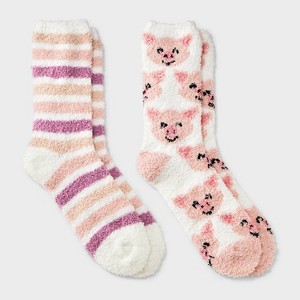 Women's Pig 2pk Cozy Crew Socks - Ivory/Pink 4-10 - 1 of 3