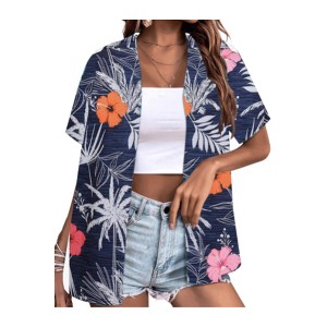 Nlife Womens Button Down Hawaiian Shirts Short Sleeve Floral Print Summer V Neck T-Shirt Casual Summer Beach Blouses Tops - 1 of 4