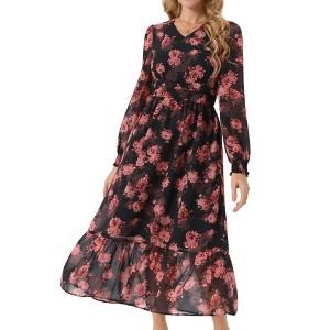 INSPIRE CHIC Women's Long Sleeve Floral V Neck Boho Ruffle Tiered Flowy Chiffon Midi Dress with Pocket - 1 of 4