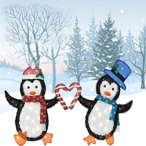 Set of Two Heart-Shaped Penguins Decorative Figurines Indoor Outdoor 30" & 32"H - 1 of 4