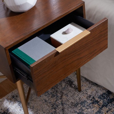 Pierre Sleek Gold Metal and Walnut One Drawer Nightstand