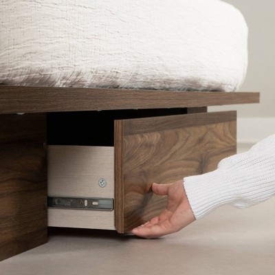 Queen Natural Walnut Wood Platform Bed with Storage Drawer