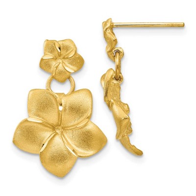 Black Bow Jewelry Double Satin Plumeria Dangle Post Earrings in 14k Yellow Gold
