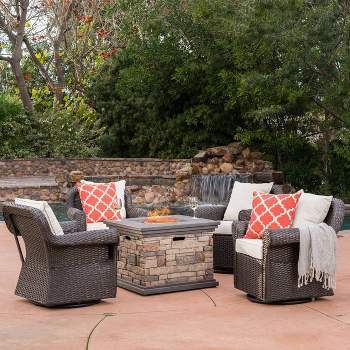 Ariel 5pc Wicker Rocking Chairs and Fire Pit Set - Dark Brown/Beige - Christopher Knight Home