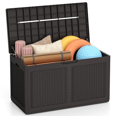 Tangkula 103 Gallon Resin Outdoor Storage Box Waterproof Deck Box w/ Lockable Lid & Wheels Brown/Black/Grey