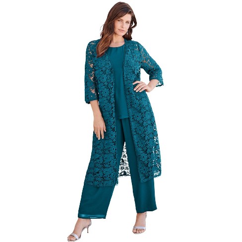 Roaman's Women's Plus Size Petite Three-piece Lace Duster & Pant Suit - 14 W,  Green : Target