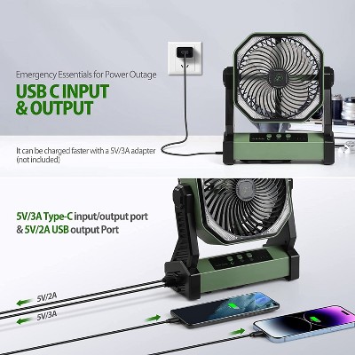 Green Rechargeable Oscillating Desk Fan with LED Light and Hook