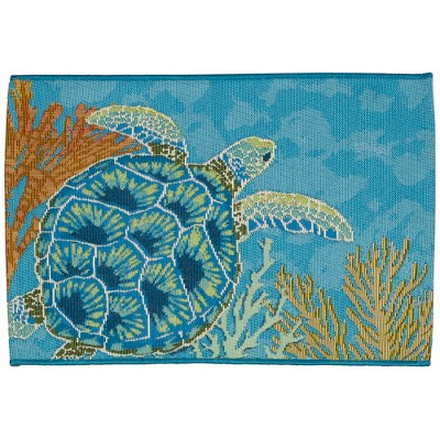 Blue and Multicolor Synthetic Non-slip Washable Rectangular Mat