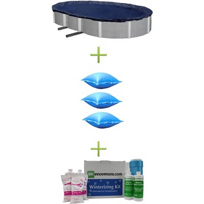  Swimline 21x41 Blue Oval Above Ground Pool Cover + Air Pillows + Winterizing Kit 