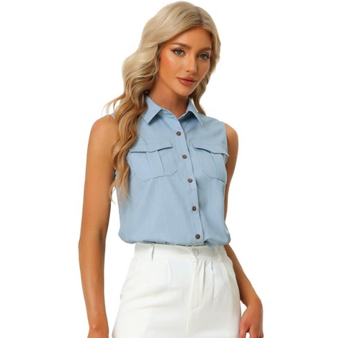 Allegra K Women's Summer Casual Collared Tank Top Button Down Sleeveless  Work Shirt Blue Small