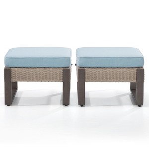COWLOWN Light Blue 2PCS Outdoor Wicker Ottomans, All-Weather Rattan Footrests with Cushions and Steel Legs, Patio Ottoman Set for Garden, Balcony - 1 of 4