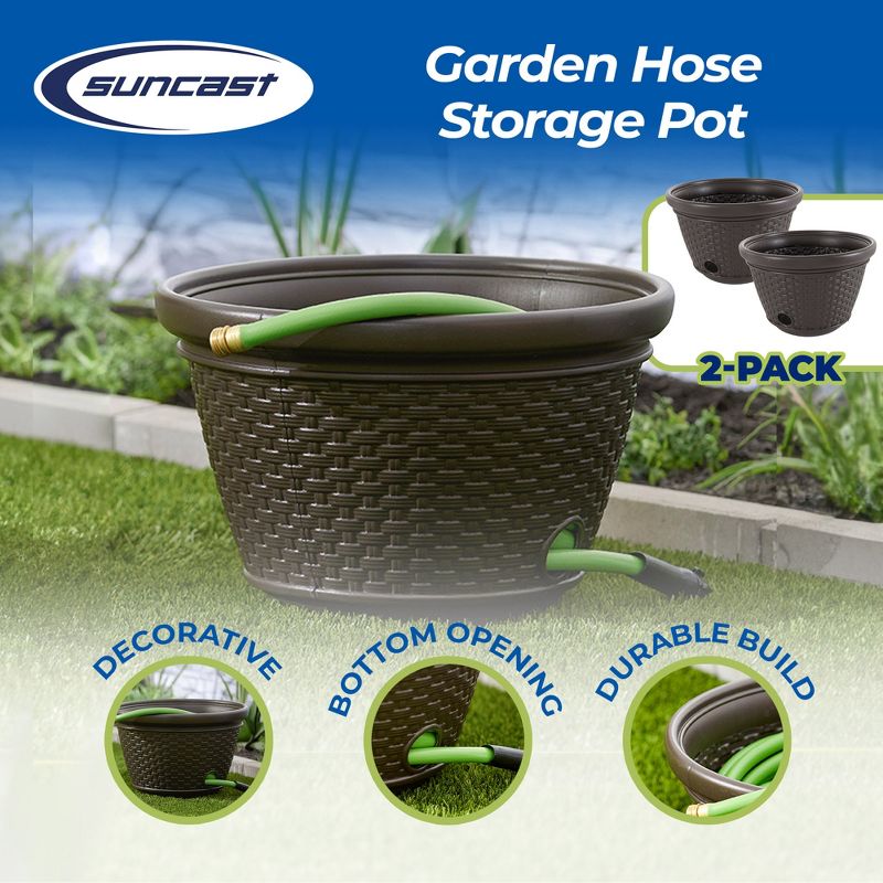 Suncast 100 Foot Resin Wicker Garden Water Hose Caddy Storage Holder Pot, Java, 2 of 7