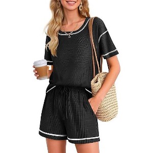 Ekouaer Women's Waffle Knit Two Piece Lounge Set, Soft Matching Outfits for Daily Wear, Casual Shorts Set with Pocket - 1 of 4