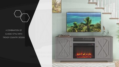 Gray Farmhouse TV Stand with Fireplace and Storage Cabinets