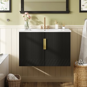 MOEPISY 30 inch Vintage Bathroom Vanity with Ceramic Sink, with 3 Holes Single Ceramic Sink with 2 Soft Closing Doors - 1 of 4