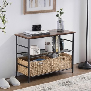 VECELO Industrial Console Table with 2 Wicker Storage Baskets, 2-Tier Rustic Narrow Sofa Table for Hallway or Living Room, Brown - 1 of 4