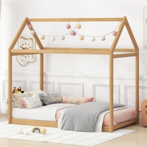 RISOKEYS Twin Size Wooden House Bed - Floor Bed with Wood Slats, House Floor Twin Bed Frame for Girls & Boys, No Box Spring Needed - Wood - 1 of 4