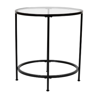 Round Clear Glass End Table with Matte Black Metal Frame