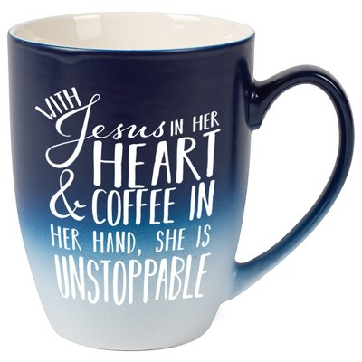 Elanze Designs Jesus Coffee Unstop Two Toned Ombre Matte Navy Blue and White 12 ounce Ceramic Stoneware Coffee Cup Mug
