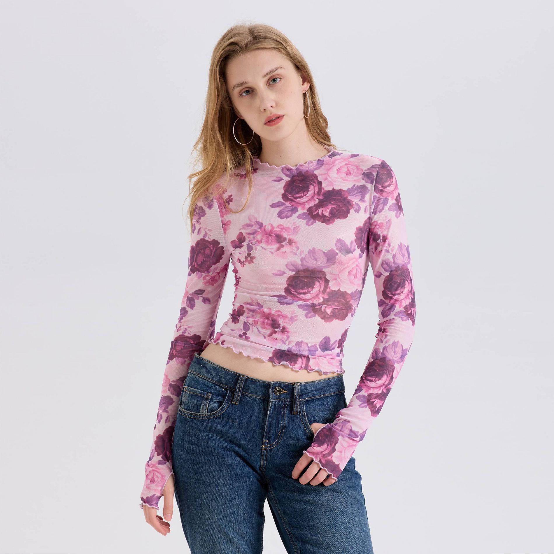 Women's Long Sleeve High Neck Mesh Top - Wild Fable™ Purple Floral S
