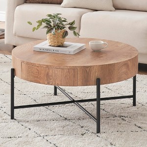Round Farmhouse Coffee Table with Two Drawers & Storage, Wood-Look Metal Frame Circle Center Table - 1 of 4
