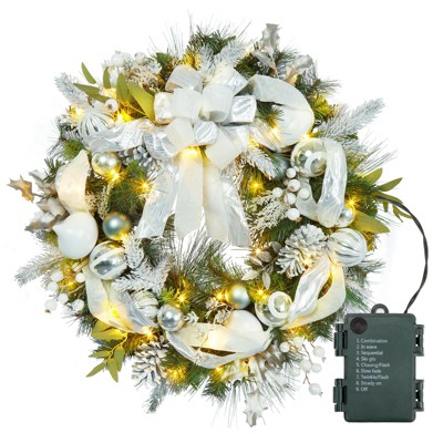 30 Inch Christmas Wreath with Lights, Lighted Large Outdoor Christmas Door Wreath with 40 Battery Operated