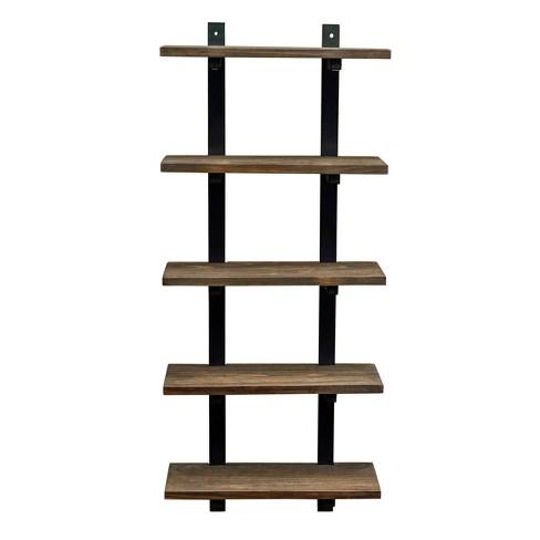 Rustic 3-Tier Wall Mounted Brown Wood Bathroom Shelves w/Hanging