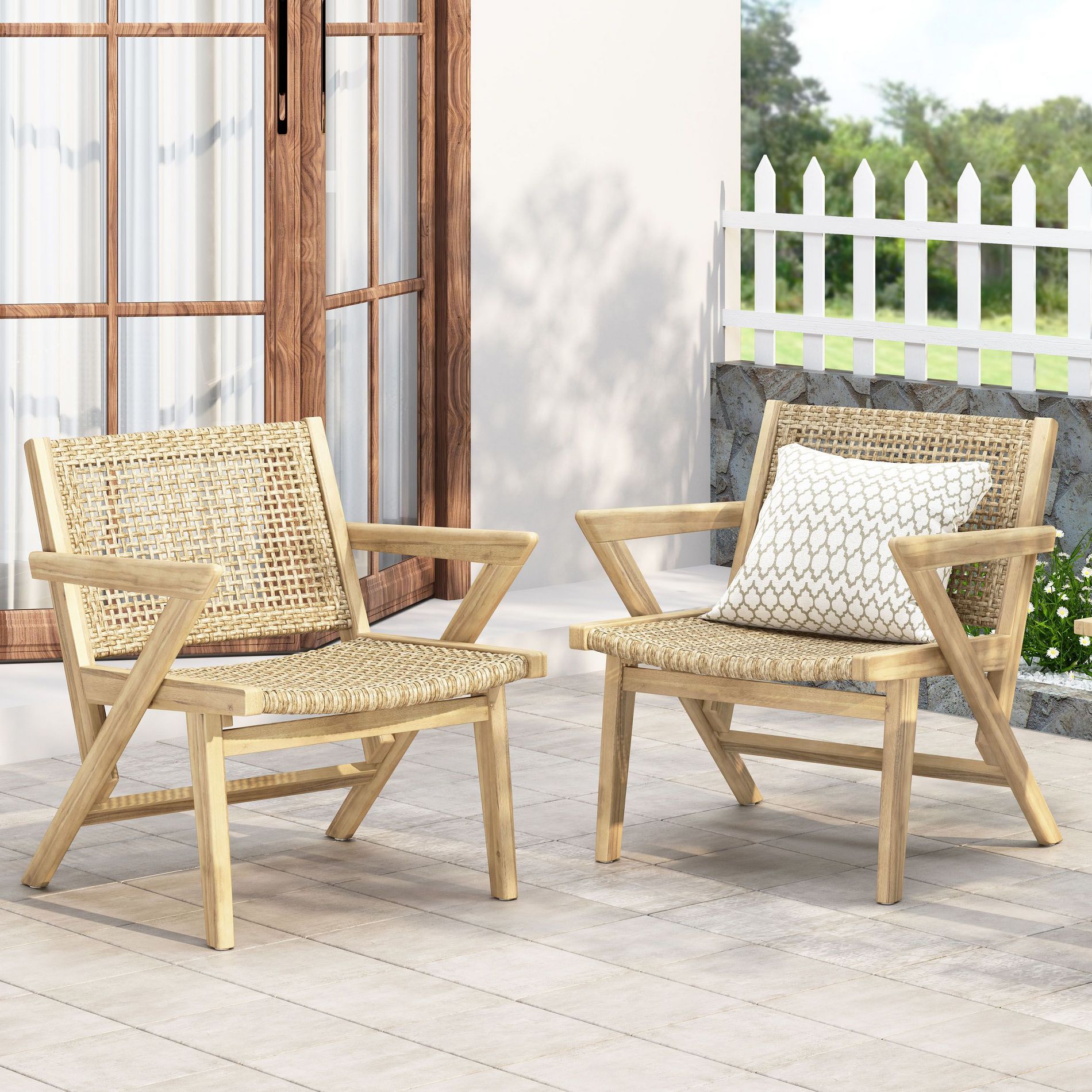 TUYOHW 16" Rustic Patio Accent Chairs,Set of 2,Premium Acacia Armchair with Woven Wicker Finish Seat & Back,Patio Furniture Seating,Natural