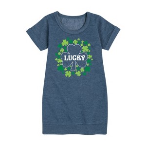 - Instant Message - St. Patrick's Day Lucky Shamrocks Filled Graphic Short Sleeve Fleece Dress - 1 of 4