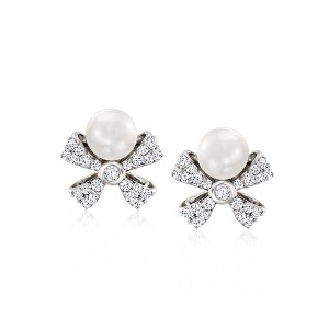 Ross-Simons 5mm Cultured Pearl and .25 ct. t.w. Diamond Bow Earrings in Sterling Silver - 1 of 4