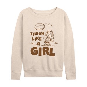 Women's - Peanuts - Throw Like A Girl Lightweight French Terry Wide Neck Long Sleeve Graphic Shirt - 1 of 4