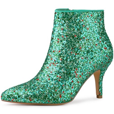 Allegra K Women's Sparkle Pointed Toe Stiletto Heel Ankle Boots Green 7 ...