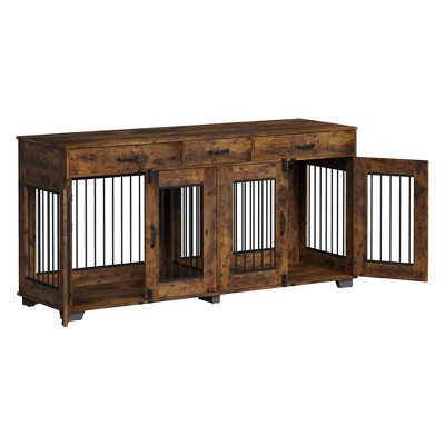 Coucheta 71" Wooden Double Compartment Dog Crate, Multi-Functional Indoor Kennel with Divider & Door, TV Stand & End Table for Large/Medium Dogs