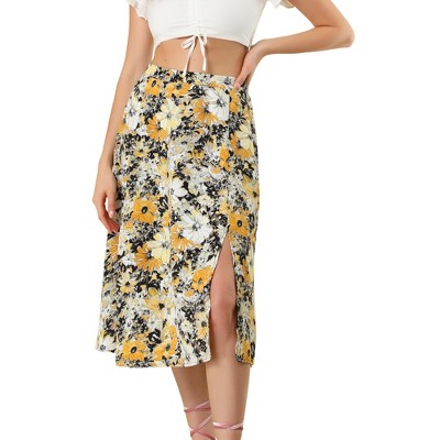 Allegra K Women's Boho Floral High Waist Split A Line Midi Skirt