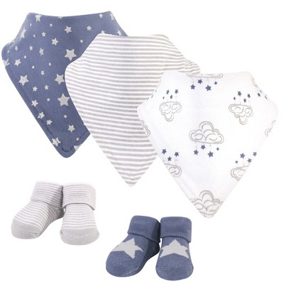 Hudson Baby Infant Boy Cotton Bib and Sock Set 5pk, Cloud Mobile Blue, One Size