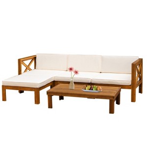 FDW 5 Piece Patio Sofa Set Acacia Wood Outdoor Conversation Table Chair Set with Cushions - 1 of 4