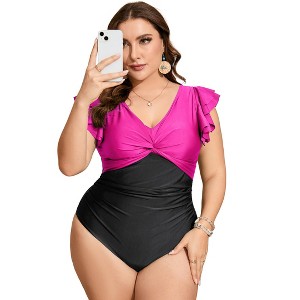 Whizmax Women's Plus Size Tummy Control Swimsuit One Piece Slimming Bathing Suit Halter Push Up V Neck Swimwear - 1 of 4