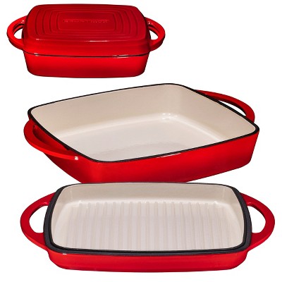 Red Enameled Cast Iron 2-in-1 Dutch Oven and Skillet Set