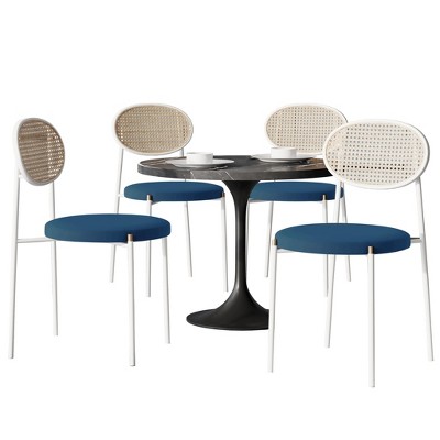 LeisureMod 5-PC Dining Set - 36" Round Dining Table Sintered Stone Top & Black Pedestal, 4 Velvet Dining Chairs in White Steel Legs